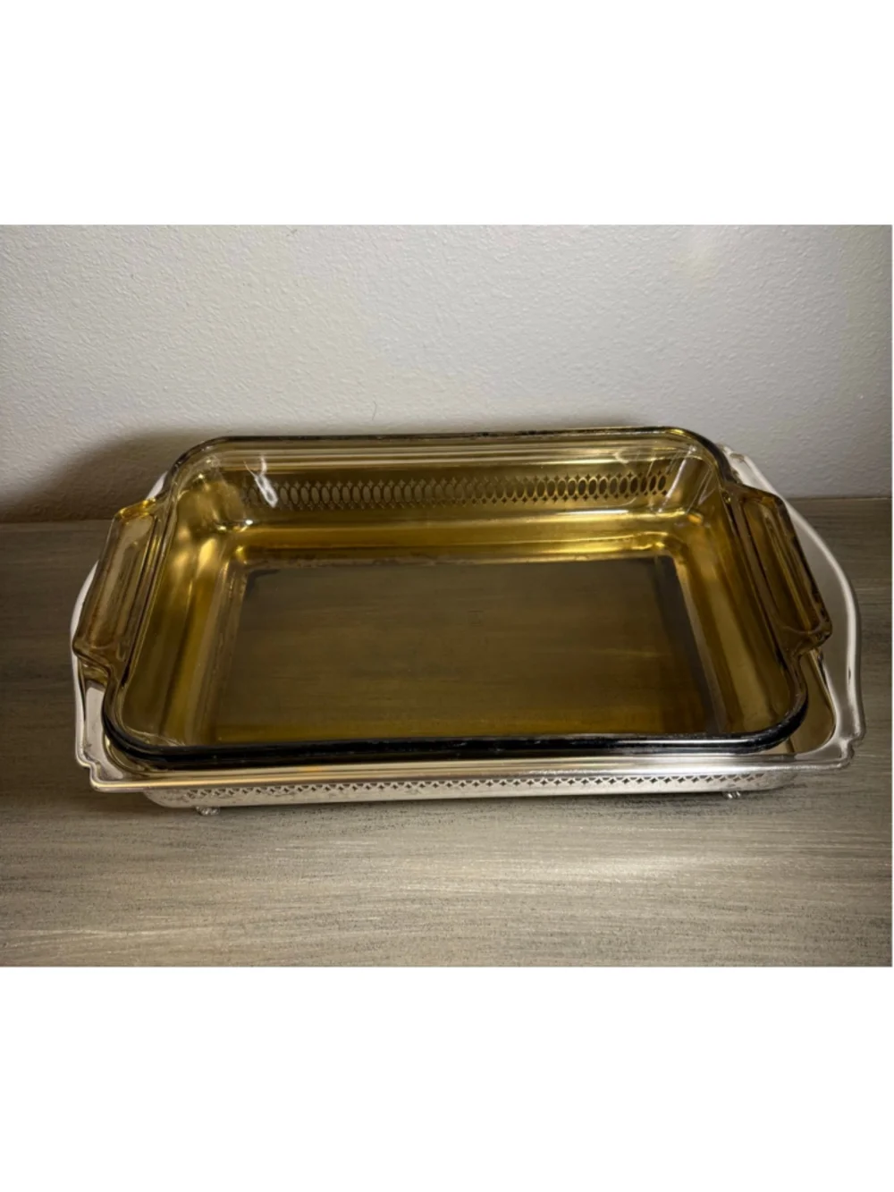 Vintage Silverplate Casserole Holder Tray Pierced Gallery Footed Fits Pyrex Dish